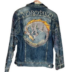 YOROPIKO- Blue Denim Jacket with Dragon Embroidery